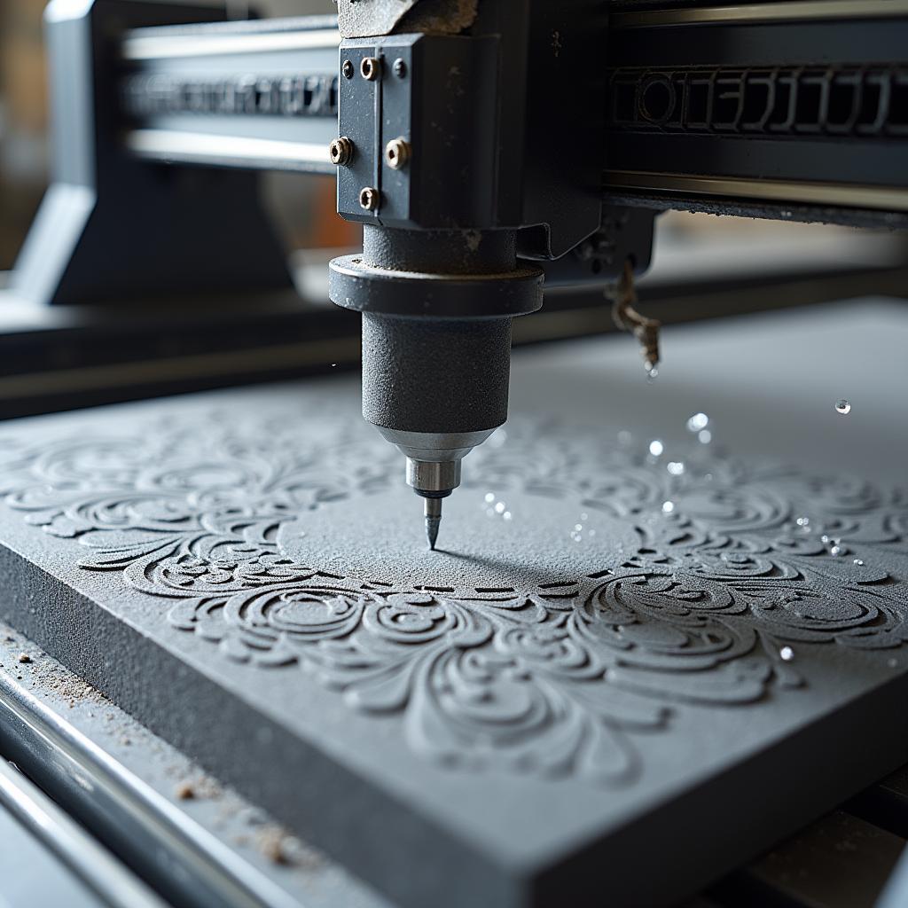 Hình ảnh một máy CNC đang khắc hoa văn trên đá granite, thể hiện độ chính xác