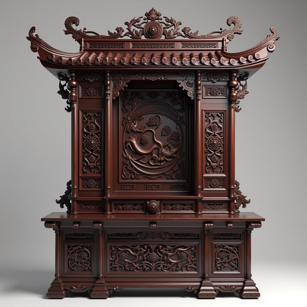 Mẫu CNC bàn thờ đứng gỗ cổ điển với hoa văn chạm khắc truyền thống tinh xảo