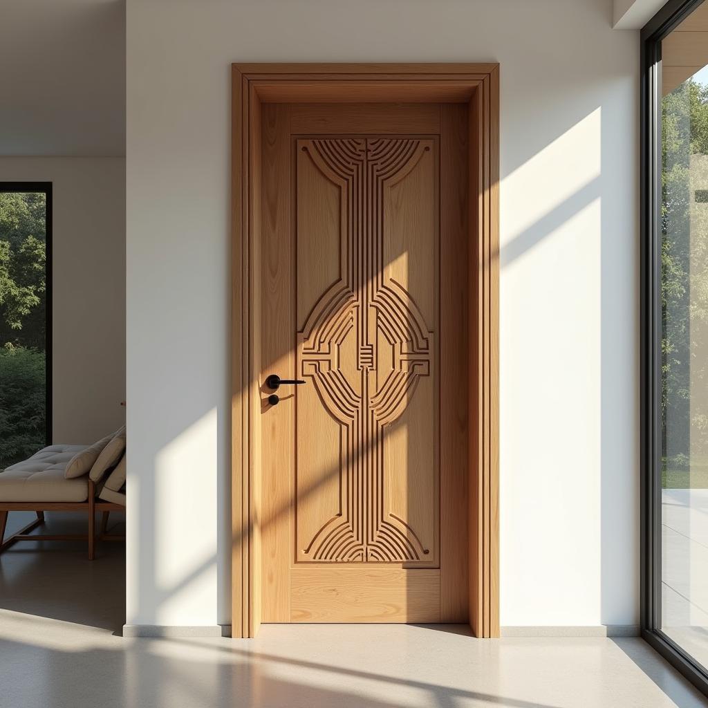 Mẫu CNC cửa gỗ biệt thự phong cách hiện đại với các hình khối và đường nét cắt CNC.