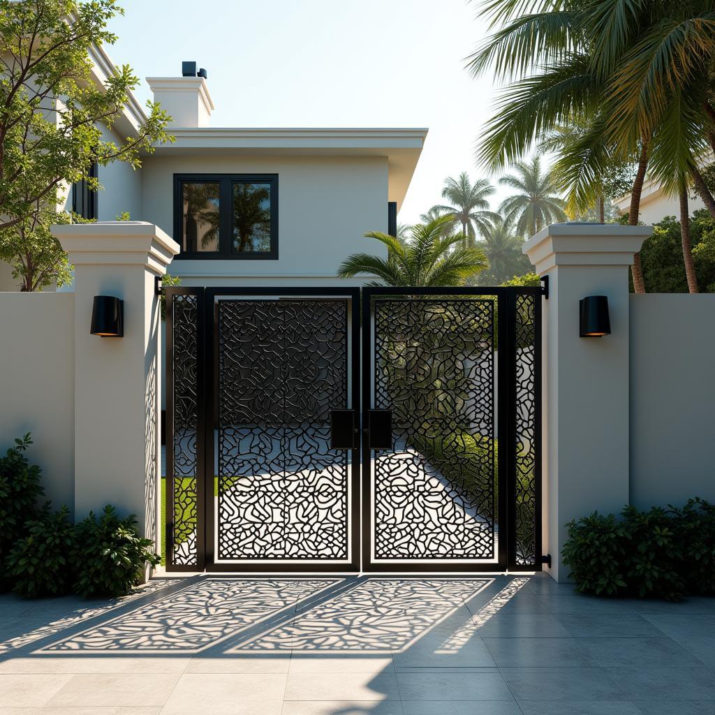 Mẫu cổng biệt thự CNC hiện đại với họa tiết hình học sắc nét, tôn lên vẻ đẹp kiến trúc.
