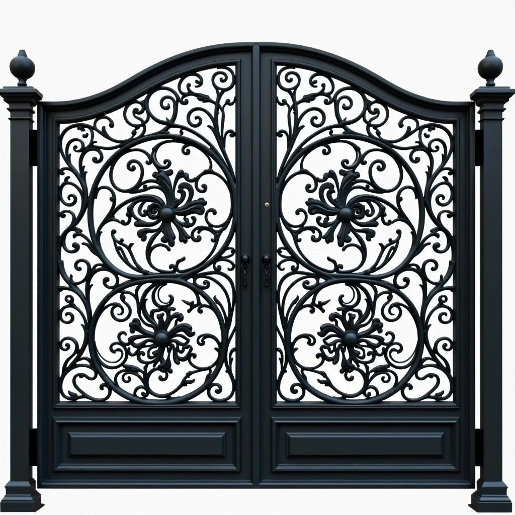 Một mẫu cổng sắt CNC 4 cánh phong cách tân cổ điển với các hoa văn hình tròn lớn và nhỏ lồng ghép, tạo nên sự sang trọng và hài hòa.