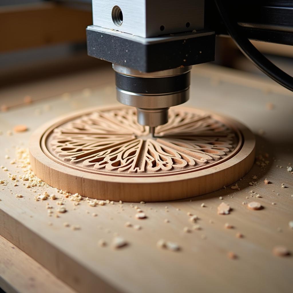 Máy CNC đang điêu khắc hoa văn gỗ chi tiết và tinh xảo trên bề mặt gỗ tự nhiên